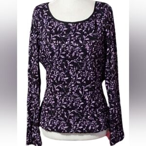 INC International Concept Chic Floral Long Sleeve Top Black and Purple, Size Lg